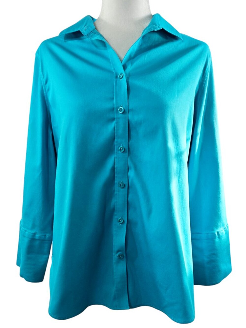 Chico's Blue Tide No Iron Stretch Button-Up Shirt Colorful Capsule Preppy